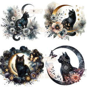 Puede incluir: Cuatro ilustraciones digitales de gatos negros sentados en lunas crecientes con arreglos florales y detalles dorados. Los gatos est&aacute;n en diferentes poses y tienen diferentes expresiones. Los fondos son lavados de acuarela azul y morado.