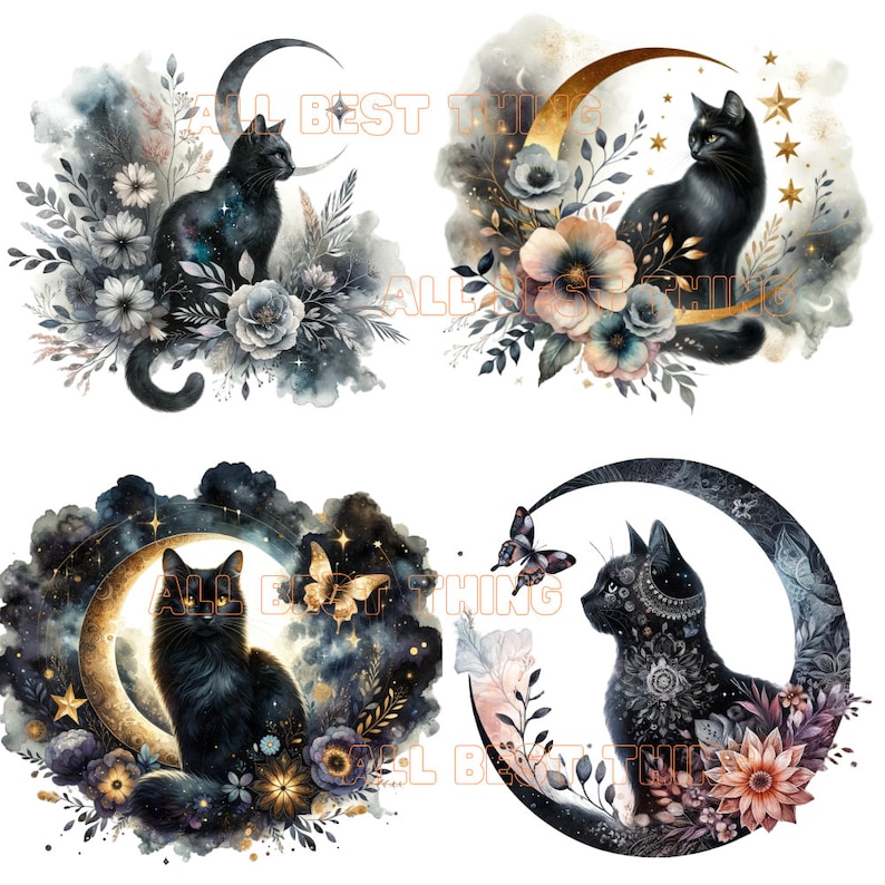 Puede incluir: Cuatro ilustraciones digitales de gatos negros sentados en lunas crecientes con arreglos florales y detalles dorados. Los gatos est&aacute;n en diferentes poses y tienen diferentes expresiones. Los fondos son lavados de acuarela azul y morado.