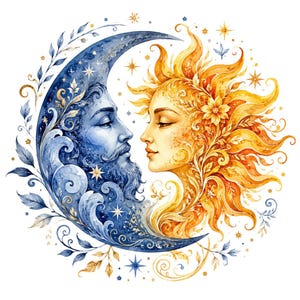 May include: Watercolor illustration of the sun and moon facing each other. The moon is a crescent shape, blue with a bearded face. The sun is a woman's face with yellow and orange rays. Stars and floral elements surround the figures.