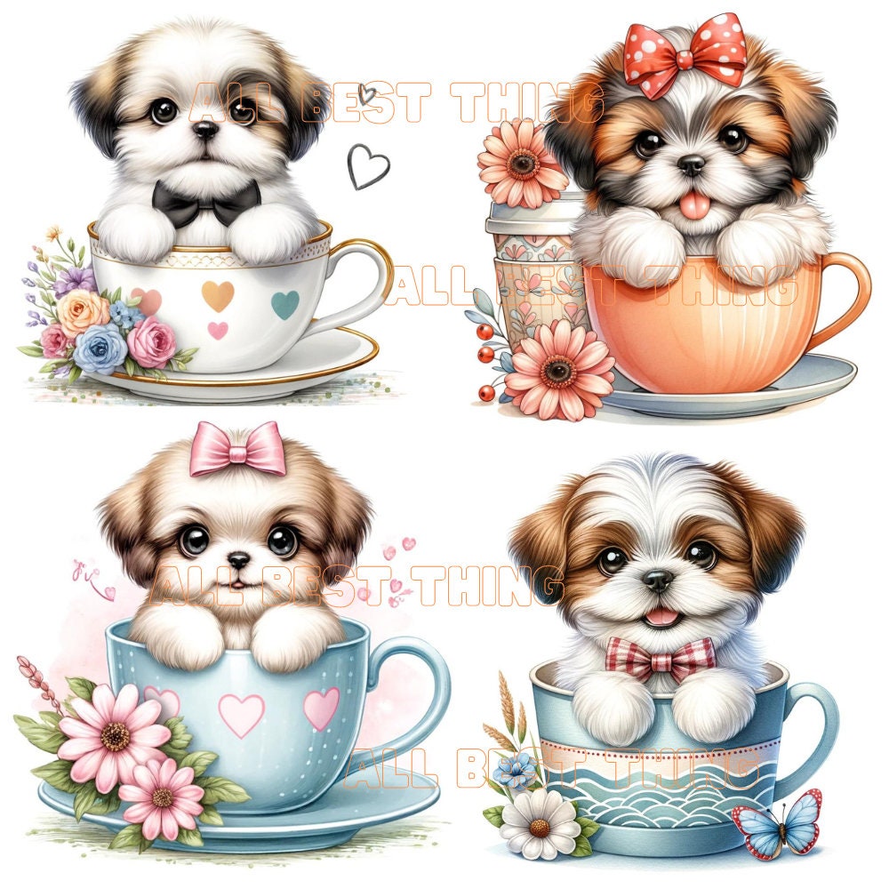 Cute Shih Tzu in Cup Clipart, Back to School, Kids Illustration ...