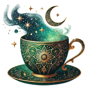 May include: A digitally created image of a green teacup and saucer with gold filigree designs. The cup is filled with a swirling galaxy of stars and celestial elements. A gold crescent moon and stars float above the cup, creating a whimsical and magical theme.
