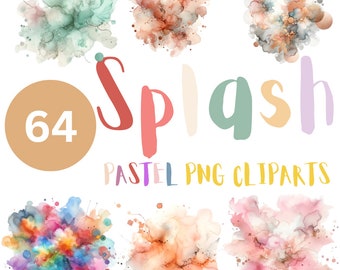64 Watercolor Pastel Color Splash PNG Clipart Paint Splatter Clipart Colorful Ink Clipart Abstract Clipart |Commercial Use, Instant Download