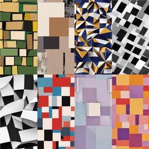 Op de afbeelding: Een collage van negen abstracte geometrische patronen. De patronen bevatten verschillende vormen, kleuren en texturen, waaronder rechthoeken, driehoeken en vierkanten. Kleuren zijn onder meer groen, geel, bruin, blauw, wit, zwart, rood en paars.