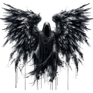 May include: A black and white illustration of a hooded figure with large feathered wings. The figure is cloaked in dark robes, with the wings spread wide. The artwork has a watercolor effect with paint drips.