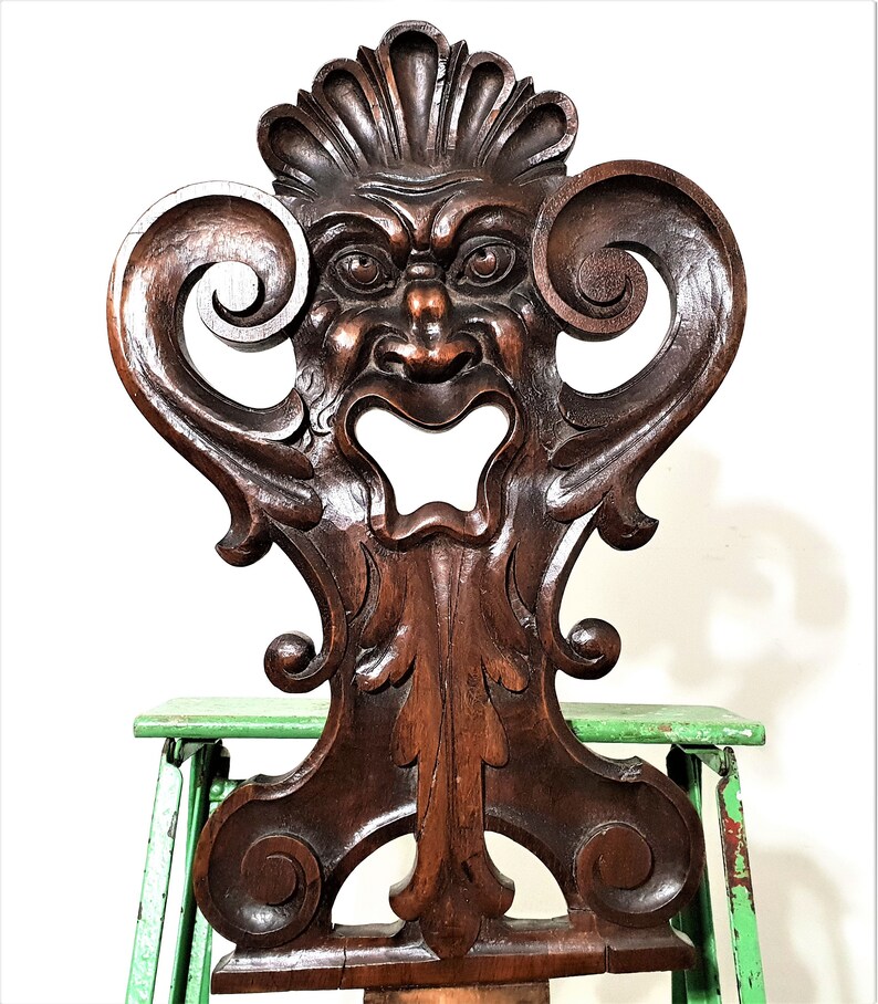 Gothic scroll green man panel Antique french wooden salvaged chair furniture