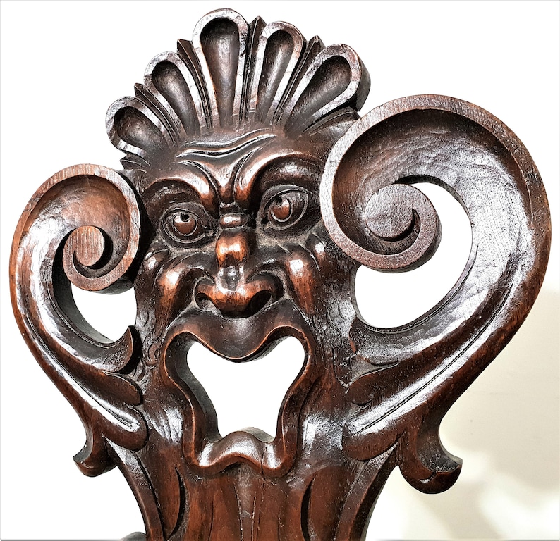 Gothic scroll green man panel Antique french wooden salvaged chair furniture