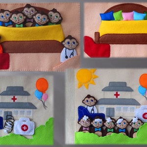 Puede incluir: Un libro de cuentos de fieltro con una escena de monos en una cama, un mono m&eacute;dico y un hospital con monos. El libro presenta un sol, globos y un botiqu&iacute;n de primeros auxilios.