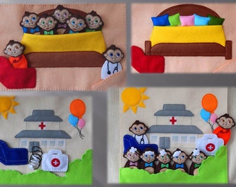 5 little monkeys with mom and doctor - toy set. Felt finger puppets. Monkeys finger puppets. Felt toy. Monkeys finger puppet toy set.