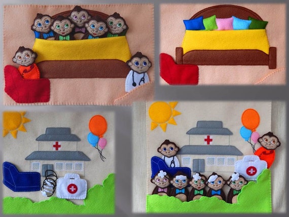 5 little monkeys with mom and doctor - toy set. Felt finger puppets. Monkeys finger puppets. Felt toy. Monkeys finger puppet toy set.