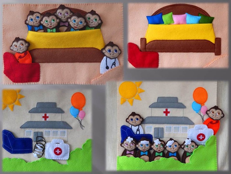 Puede incluir: Un libro de cuentos de fieltro con una escena de monos en una cama, un mono m&eacute;dico y un hospital con monos. El libro presenta un sol, globos y un botiqu&iacute;n de primeros auxilios.