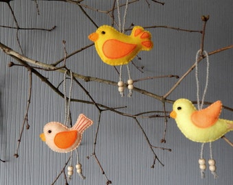 Set van 3 vogelornamenten. Geborduurde vilten kerstornamenten. Kerstboom decor.  Kerstversiering.  Vogelornamenten