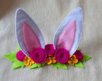 White bunny ears headband. Easter headband. Flower bunny headband. Felt bunny headband. Felt flower headband. Girls headband. Easter bunny