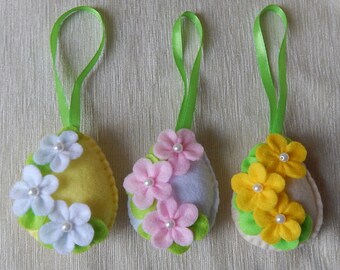 Set of 3 egg ornaments. Embroidered felt Easter ornaments. Easter tree decor. Spring ornaments. Spring decorations. Easter egg ornaments