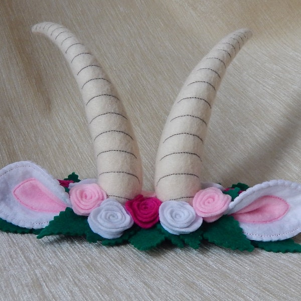 Goat's horn and ear headband. Horn headband. Goat horn headband. Felt flower headband.