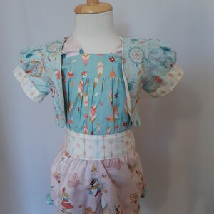 overalls and bolero jacket, size 5 girl&#39;s outfit, hand-made, feather fabric, reversable bolero jacket, vintage style, girl&#39;s summer outfit