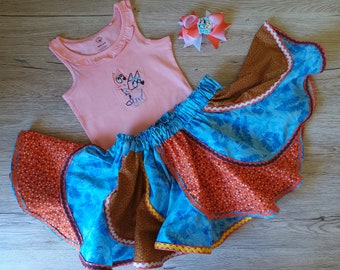 Bluey-outfit maat 4, bingo-outfit maat 4, Bluey-shirtrok, GRATIS Bluey Bingo-haarspeld, Bluey-outfit voor meisjes, bingo-t-shirt, Swirl Bluey-rok