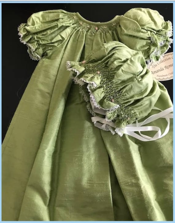 silk smocked dresses for infants Will'Beth pale gold silk bishop smocked baby dress,Will'Beth beige silk bishop smocked dress,bishop smocked gold silk dress for baby girls,special occasion gold silk smocked baby dress,gold silk smocked Christmas dress,matching brother sister