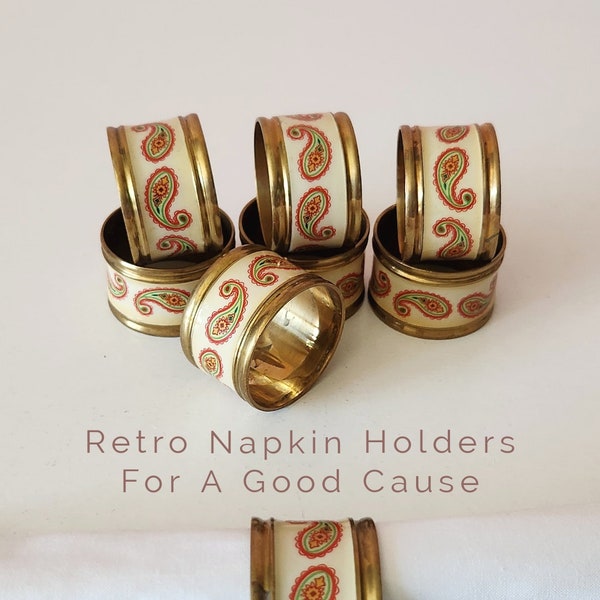 8 Brass & Glass Enamel Paisley Napkin Rings (Holders) - Vintage