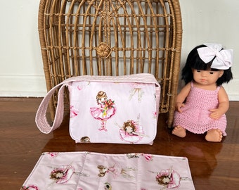 Doll nappy bag, diaper bag, doll change mat, miniland doll, nappy changing, birthday gift. Ballerinas