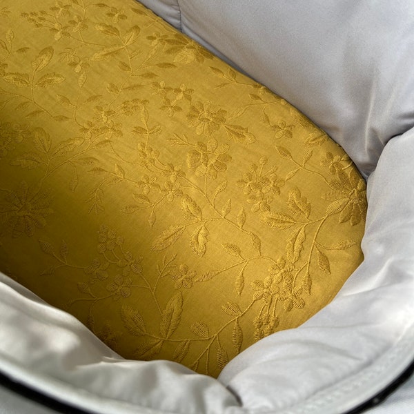 Bassinet liner made for Uppababy Vista, Bugaboo, Redsbaby, Nuna prams and more. Embroidered mustard cotton
