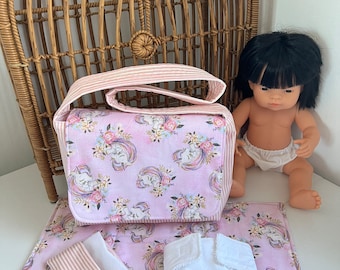 Doll nappy bag, diaper bag, doll change mat, miniland doll, nappy changing, birthday gift. Unicorns