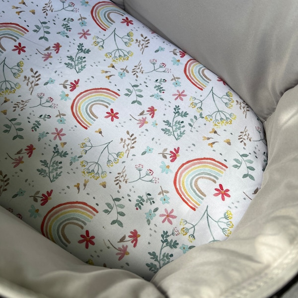 Bassinet liner made for Uppababy Vista, Bugaboo, Redsbaby, Nuna prams and more. Floral, rainbows
