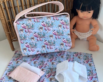 Doll nappy bag, diaper bag, doll change mat, miniland doll, nappy changing, birthday gift. Mermaids and turtles