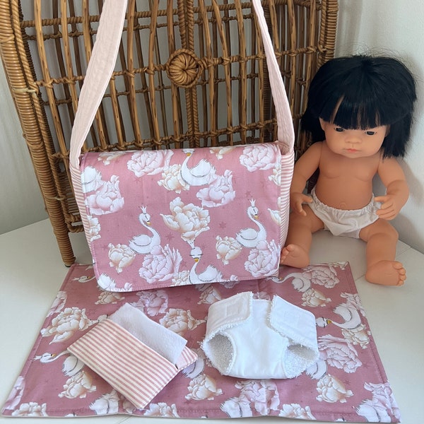 Doll nappy bag, diaper bag, doll change mat, miniland doll, nappy changing, birthday gift. Royal swans