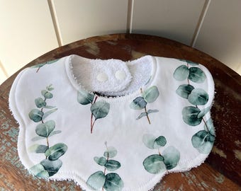 Dribble bib, silver dollar eucalyptus, scalloped bib