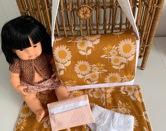 Doll nappy bag, diaper bag, doll change mat, miniland doll, nappy changing, Birthday gift. Sunflowers