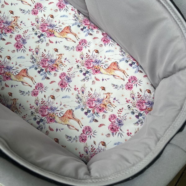 Bassinet liner made for Uppababy Vista, Bugaboo, Redsbaby, Nuna prams and more. Floral Deer