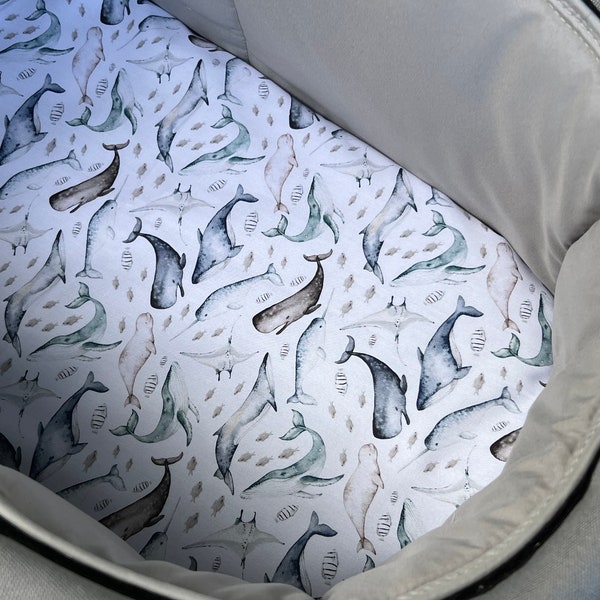Bassinet liner made for Uppababy Vista, Bugaboo, Redsbaby, Nuna prams and more. Whales