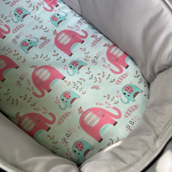 Bassinet liner made for Uppababy Vista, Bugaboo, Redsbaby, Nuna prams and more. Elephant splash