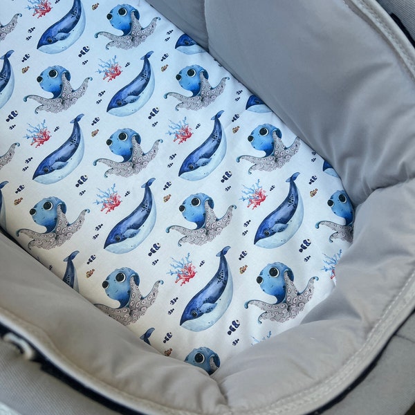 Bassinet liner made for Uppababy Vista, Bugaboo, Redsbaby, Nuna prams and more. Under the sea creatures