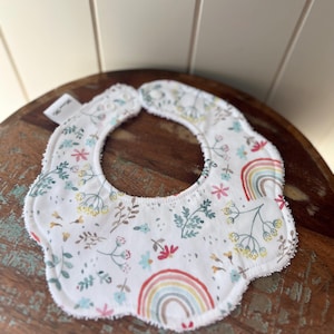 Dribble bib, rainbows and florals, scalloped bib