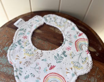 Dribble bib, rainbows and florals, scalloped bib