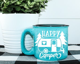 Happy Camper || Campfire Coffee Mug || Coffee Lover Gift || Camp Coffee Mug || Best Friend Gift || Cute Camping Drinkware || Cute Coffee