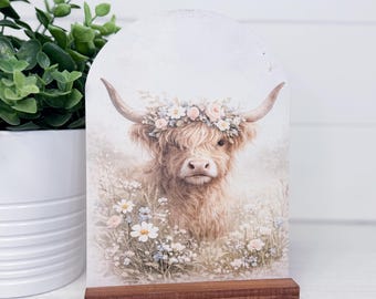 Letrero floral con forma de vaca de las Tierras Altas / Decoración rústica de pradera para casa de campo, arte para estante de cabaña rústica