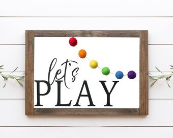 Let&#39;s Play Wood Sign || Kid&#39;s Room Sign || Kid&#39;s Play Room || Wood Framed Signs || Cute Home Decor || Wool Garland Sign || Baby Shower Sign