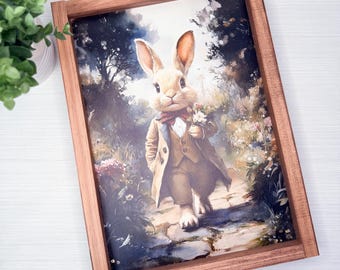 Vintage Bunny Wall Art | Storybook Rabbit Framed Spring Sign