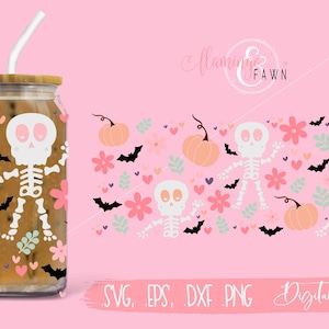 Pumpkin Fall Skeleton Halloween Season Can 16oz svg, Tumber Can Full Wrap svg, iced coffee lover svg, transfer png file, Halloween bat PNG image 1