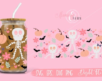 Pumpkin Fall Skeleton Halloween Season Can 16oz svg, Tumber Can Full Wrap svg, iced coffee lover svg, transfer png file, Halloween bat PNG