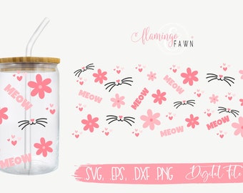 Glass Can 16oz svg, Cat Tumber Can Wrap svg, Cat Meow Paw Print Full Wrap svg, Cat Lover svg, Cat Mama svg, Tumbler wrap transfer png file
