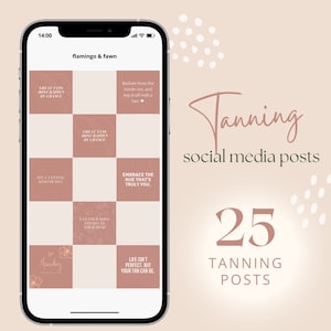 Puede incluir: Una pantalla de teléfono que muestra 25 publicaciones en redes sociales sobre el bronceado. Las publicaciones están en formato de cuadrícula y presentan citas sobre el bronceado, como "Los buenos bronceados no suceden por casualidad" y "Abraza el tono que realmente eres."