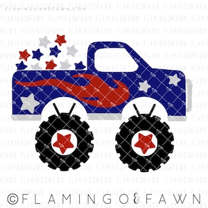 May include: A blue monster truck with red flames and white stars on the side. The truck has black tires with red stars in the center. The truck is on a white background.