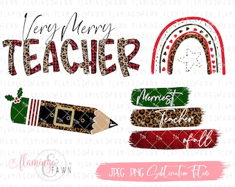 Teacher Christmas Sublimation Design Downloads, Xmas teacher shirt png, pencil printable design for teachers 1st grade teacher, Bundle