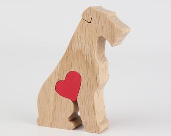 Personalised Wire Fox Terrier Wooden Figurine, pet memorial gift, dog lover gift with engraved love heart