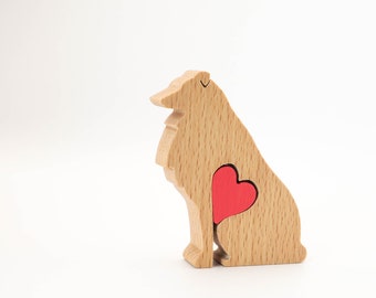 Grober Collie mit personalisiertem Herz, kleine Holzstatuenfigur, grobes Collie-Gedenkandenken, Geschenk vom Hund, Muttertagsgeschenk für sie