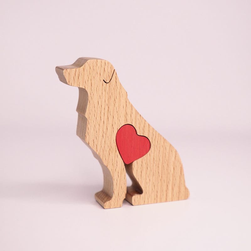 Personalized Handcrafted Wood Dog Figurine with Heart, Puppy Statue Tiered Tray Decor, Memorial for Pet Lovers