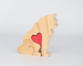 Figurine en bois de chaton pelucheux avec coeur personnalisé, souvenir de propriétaire de chat persan, cadeau de Ragdoll de fête des mères, statue de chat de forêt norvégienne